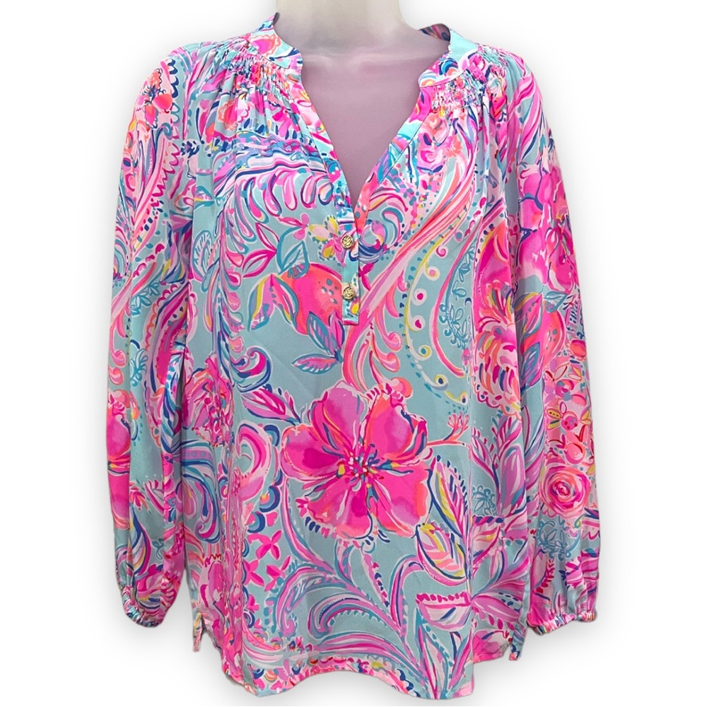 LILLY PULITZER Silk Elsa Top Isla De Coco Bright Pink Light Blue Size XXS